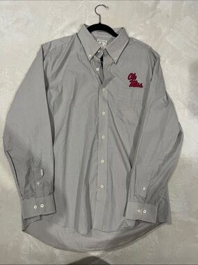 Antigua Gray Micro-Check Button-Down Shirt with Red Ole Miss Embroidery